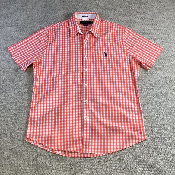 U.S. Polo Assn. Coral Gingham Stretch Short Sleeve Button Down Shirt - Picture 1 of 7